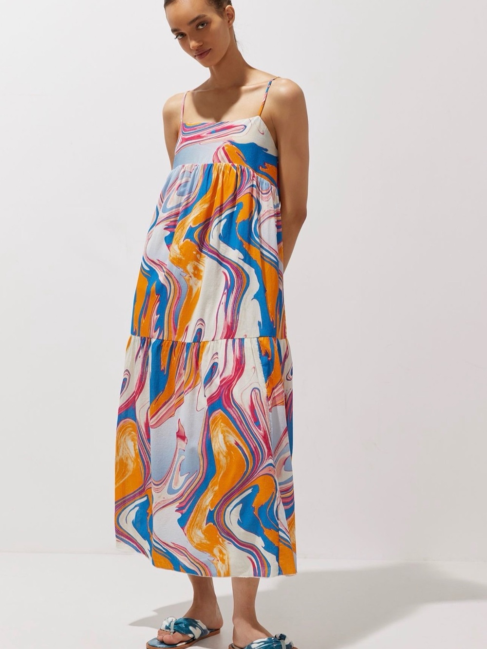 Peter Som Marble-Swirl Spaghetti-Strap Maxi in Blue, Orange, Pink